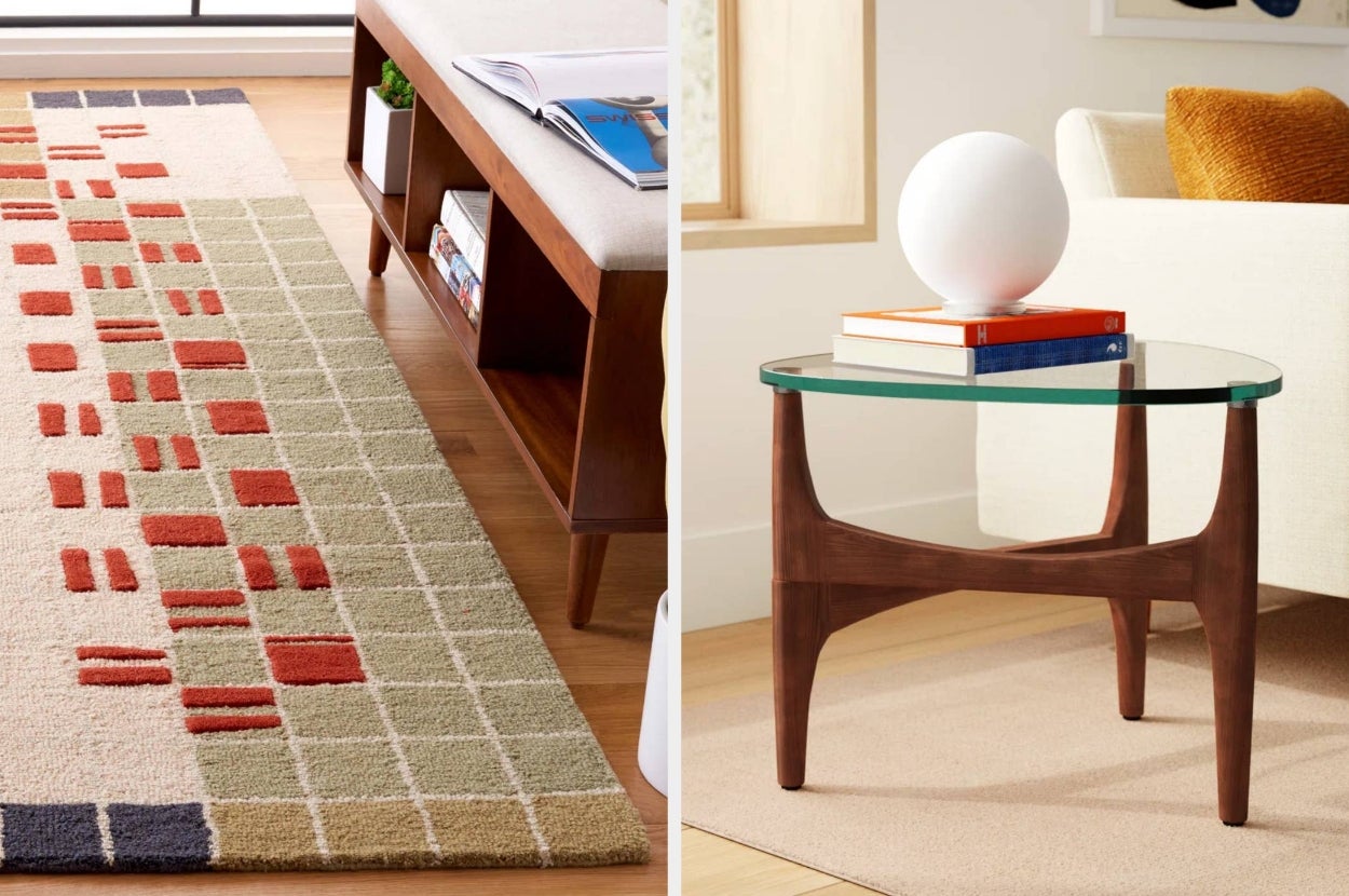 Stylish modern rug with geometric patterns and a sleek wooden coffee table with a circular glass top, placed in a cozy living space