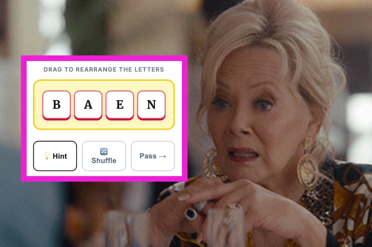 A person discussing something while a word puzzle with letters "B A E N" appears above that prompts rearrangement