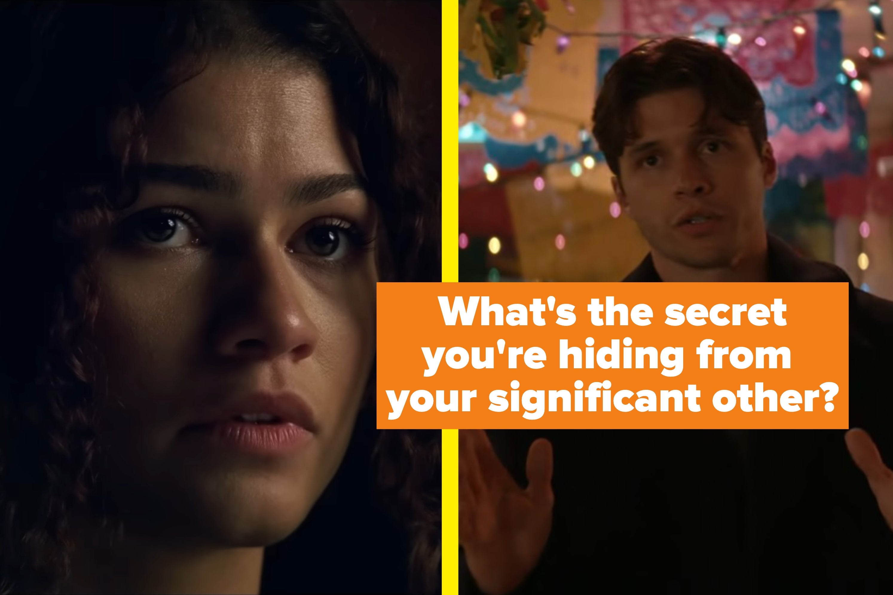 Two people in separate scenes, one looks pensive with curly hair, the other gestures with both hands in a festive setting
