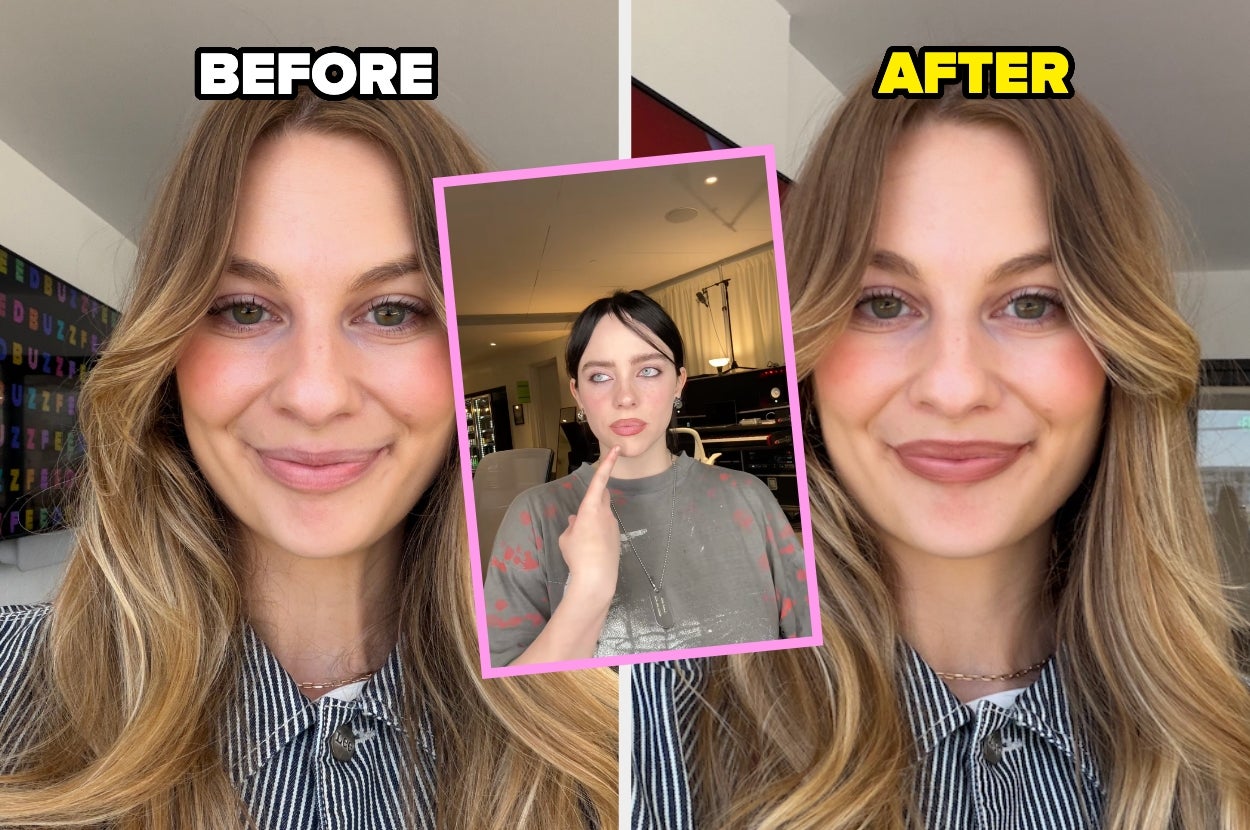 Split image of a woman: before and after applying makeup inspired by a pop star, with a focus on hairstyle and makeup changes
