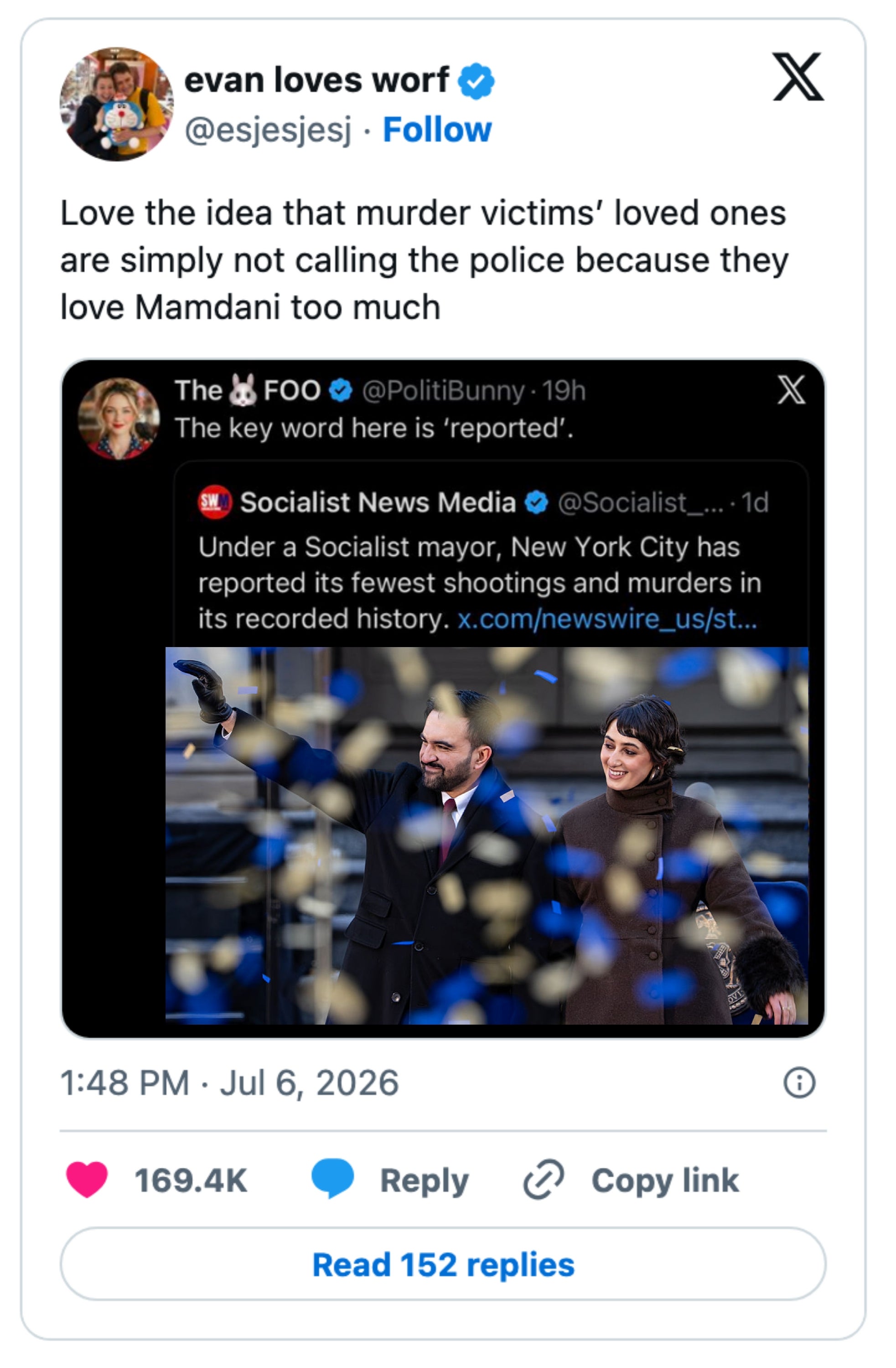 Skjermbilde av en tweet som kritiserer en nyhetsrapport for underrapportering av drap i New York City under en sosialistisk ordfører