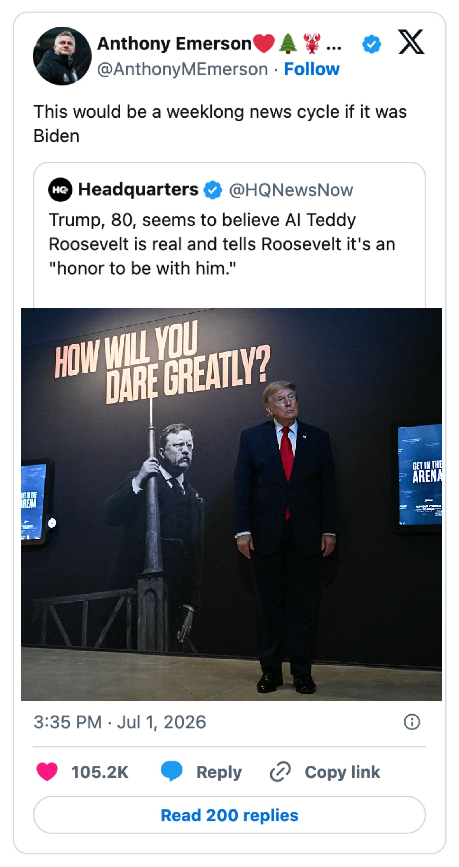 Innlegg på sosiale medier viser en tweet som hevder at Trump (80) forvirret Teddy Roosevelt voksfigur for en ekte person, noe som førte til kommentarer