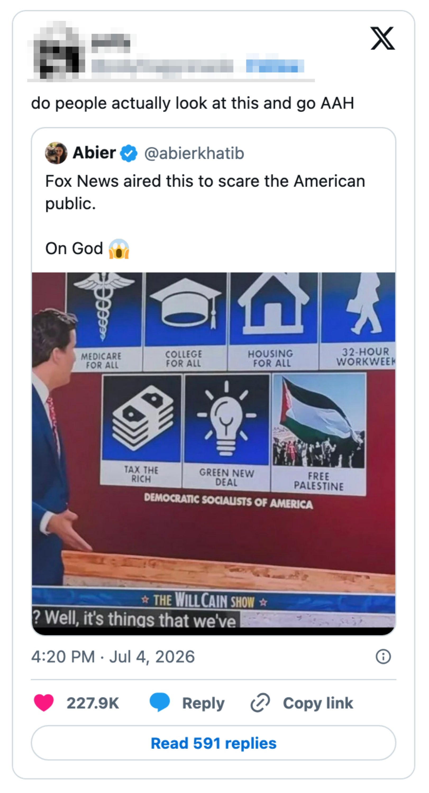 Skjermbilde av en tweet som diskuterer et Fox News-segment med bilder om emner som Medicare for All, college for all, bolig og Green New Deal