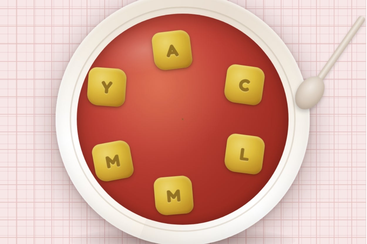 A circular word puzzle game with yellow letter tiles: Y, A, C, M, L, M, on a red background