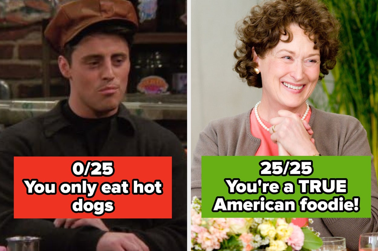 Split image: Left shows a person wearing a brown hat with text "0/20 You only eat hot dogs." Right shows a smiling person with text "20/20 You're a TRUE American foodie!"