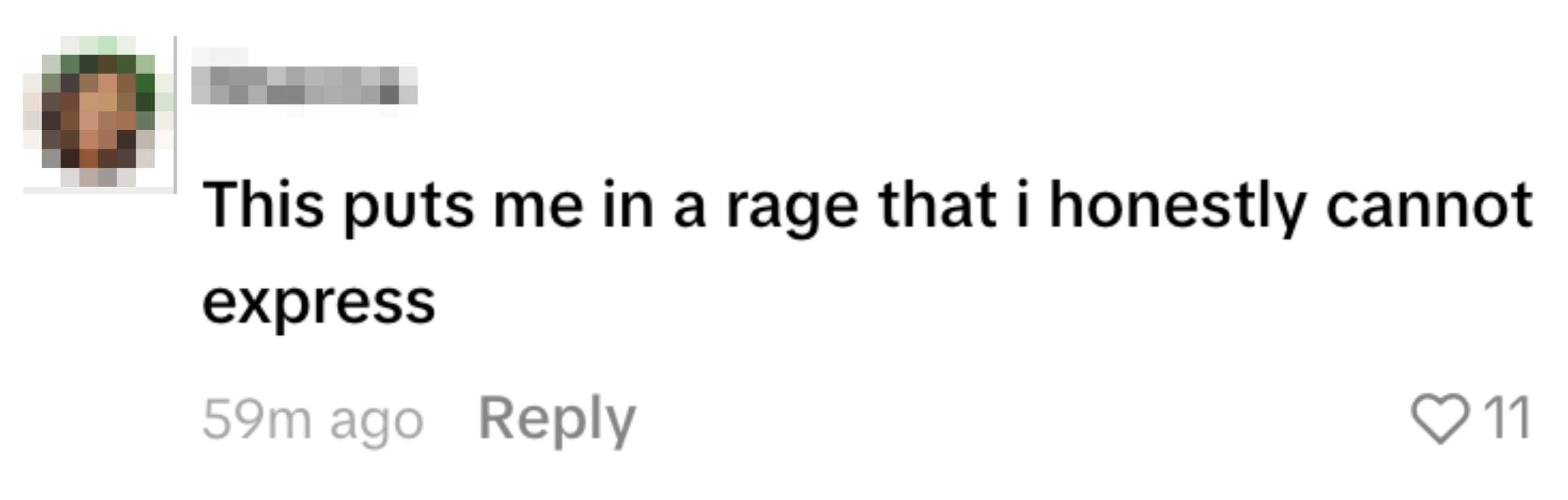 Kommentar fra en bruker som uttrykker sterkt, uutsigelig sinne med 11 liker