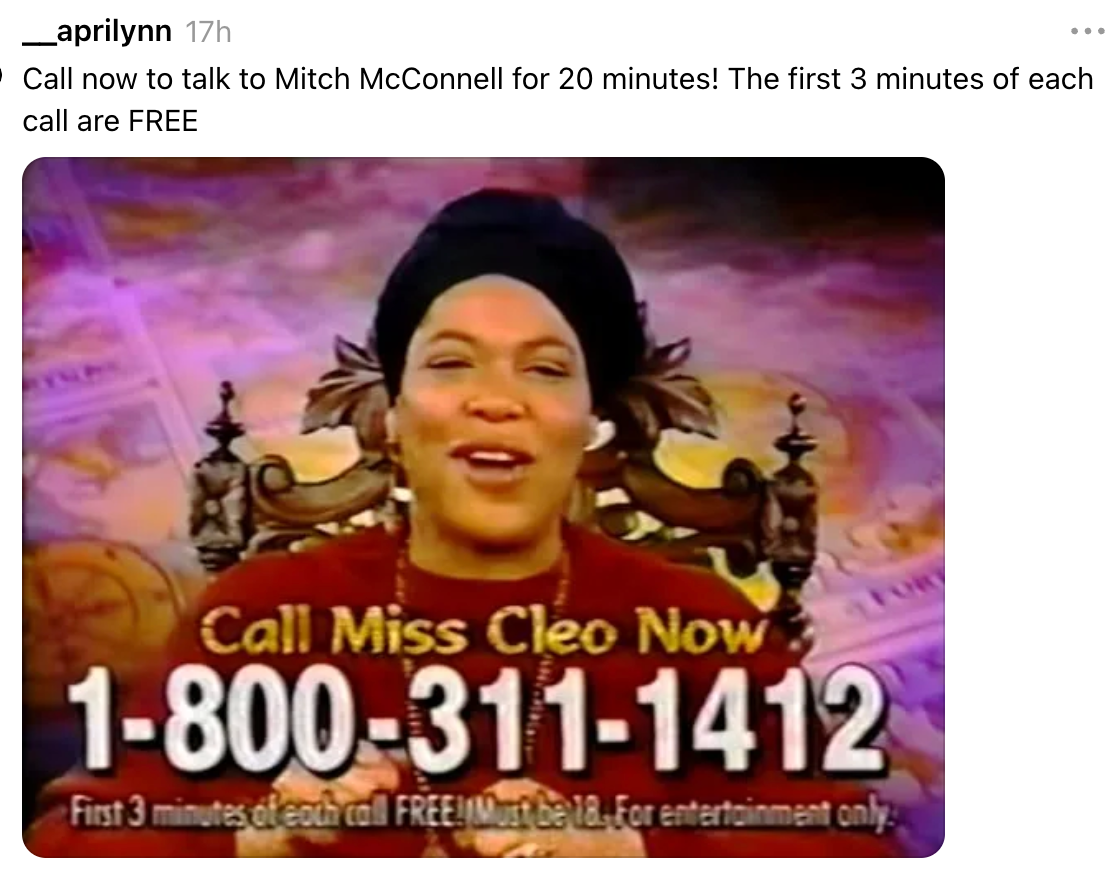 Parodireklame med frøken Cleo som tilbyr gratis minutter for å snakke med Mitch McConnell, med et telefonnummer oppført