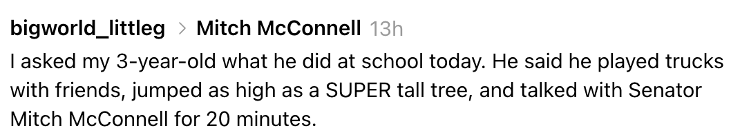Innlegg på sosiale medier: En forelder deler på humoristisk vis barnets fantasifulle skoledagaktiviteter, inkludert lek og samtale med senator Mitch McConnell