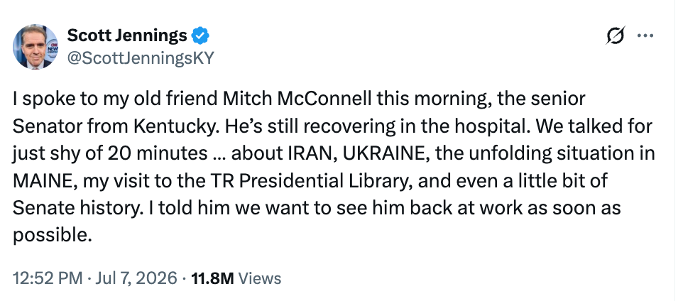 Tweet by Scott Jennings about a conversation with Mitch McConnell, discussing topics like Iran, Ukraine, and Senate history