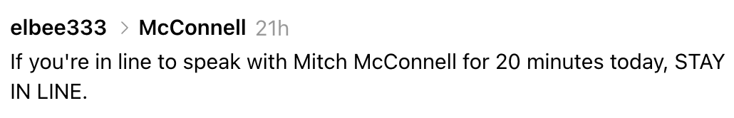 Tekstmelding som antyder at folk står i kø for å snakke med Mitch McConnell i 20 minutter