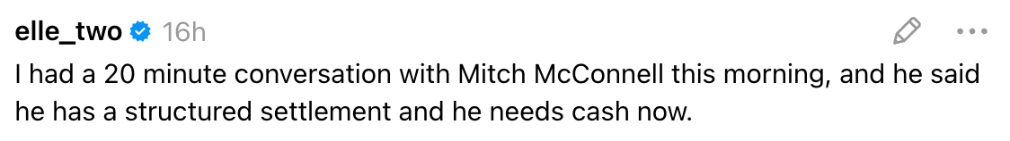 Tweet som nevner en 20-minutters samtale med Mitch McConnell, som angivelig trenger penger på grunn av et strukturert oppgjør