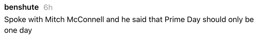 Innlegg i sosiale medier siterer humoristisk Mitch McConnell som sier at Prime Day bare skal vare én dag
