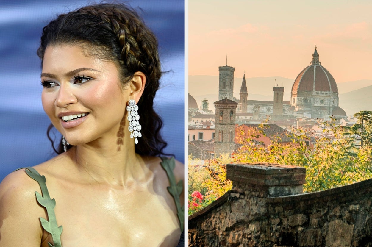 Person in a stylish gown with braided hair and earrings next to a view of a city with historic buildings and a prominent dome