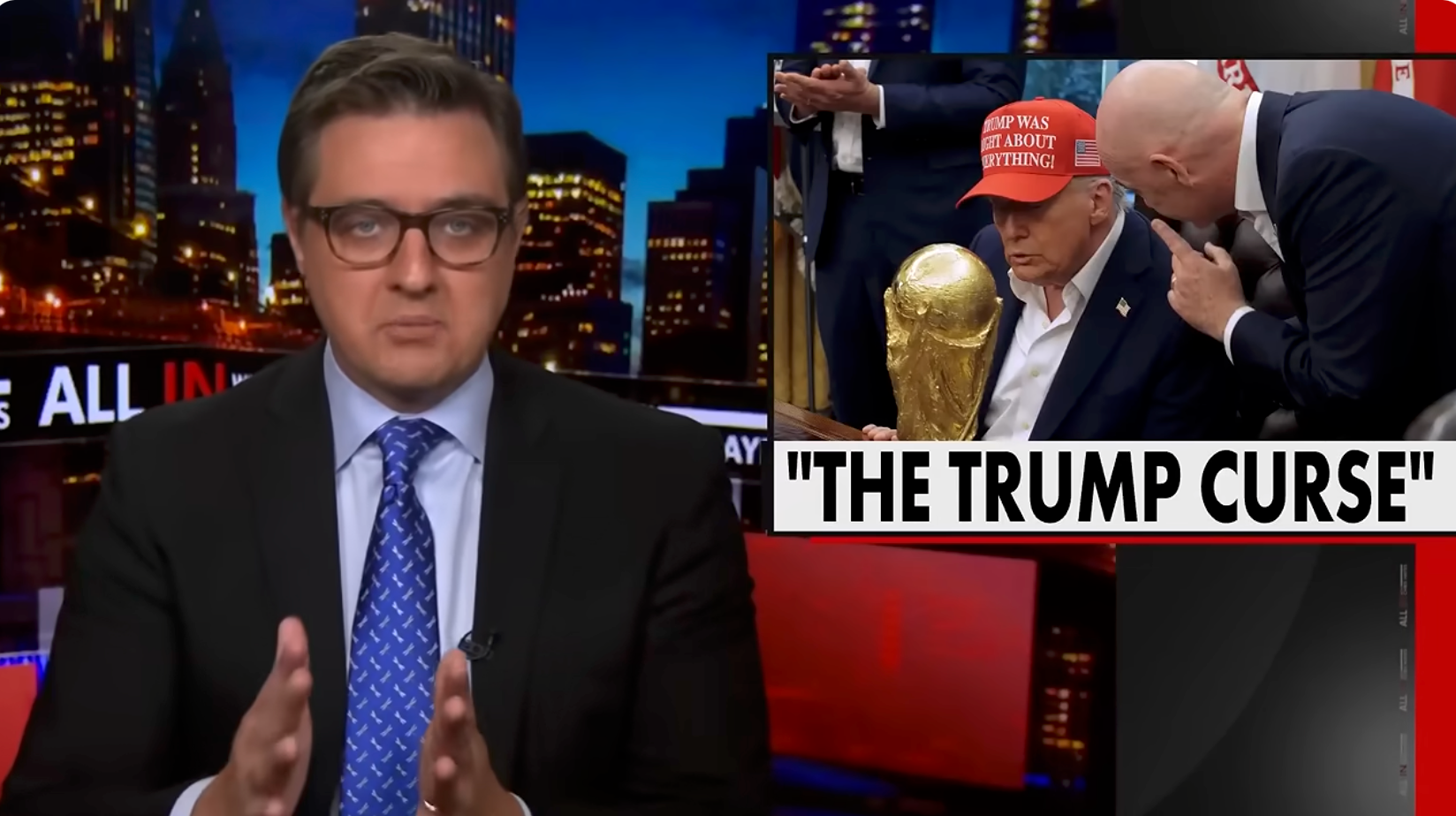 A quality amusement features a big discussing a header "The Trump Curse," with an representation of a antheral wearing a reddish headdress holding a golden trophy