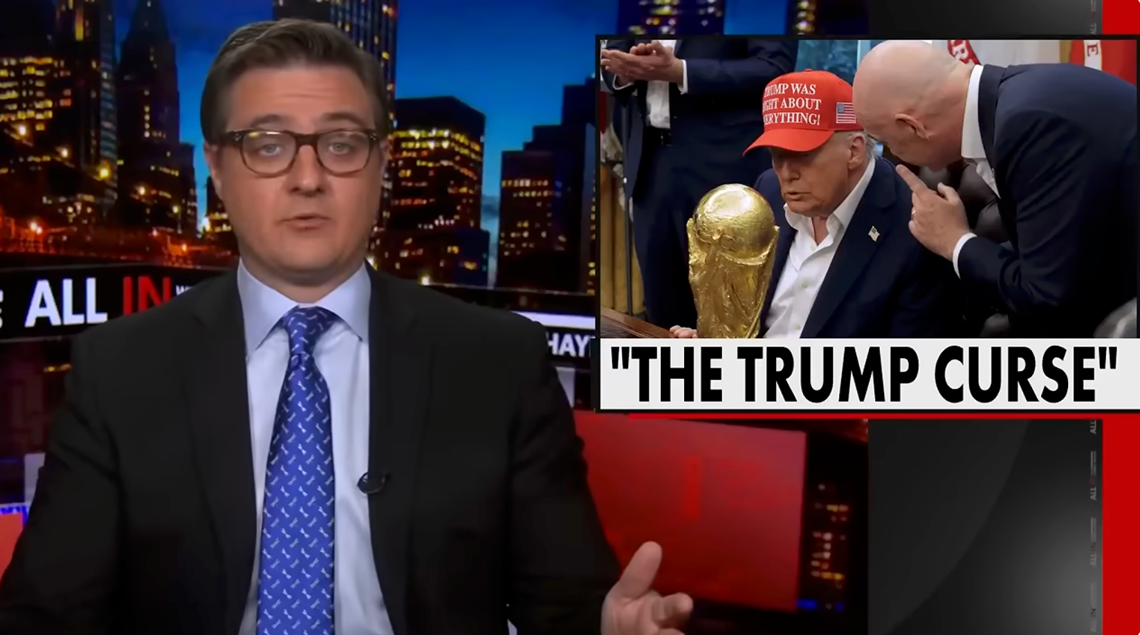 a antheral with a "Keep Was Right About Everything" chapeau holds a trophy, with different antheral whispering to him