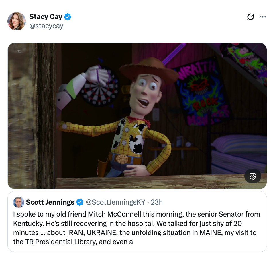 A tweet showing Woody from Toy Story waving, with a superimposed text tweet discussing a conversation with Senator Mitch McConnell about various topics