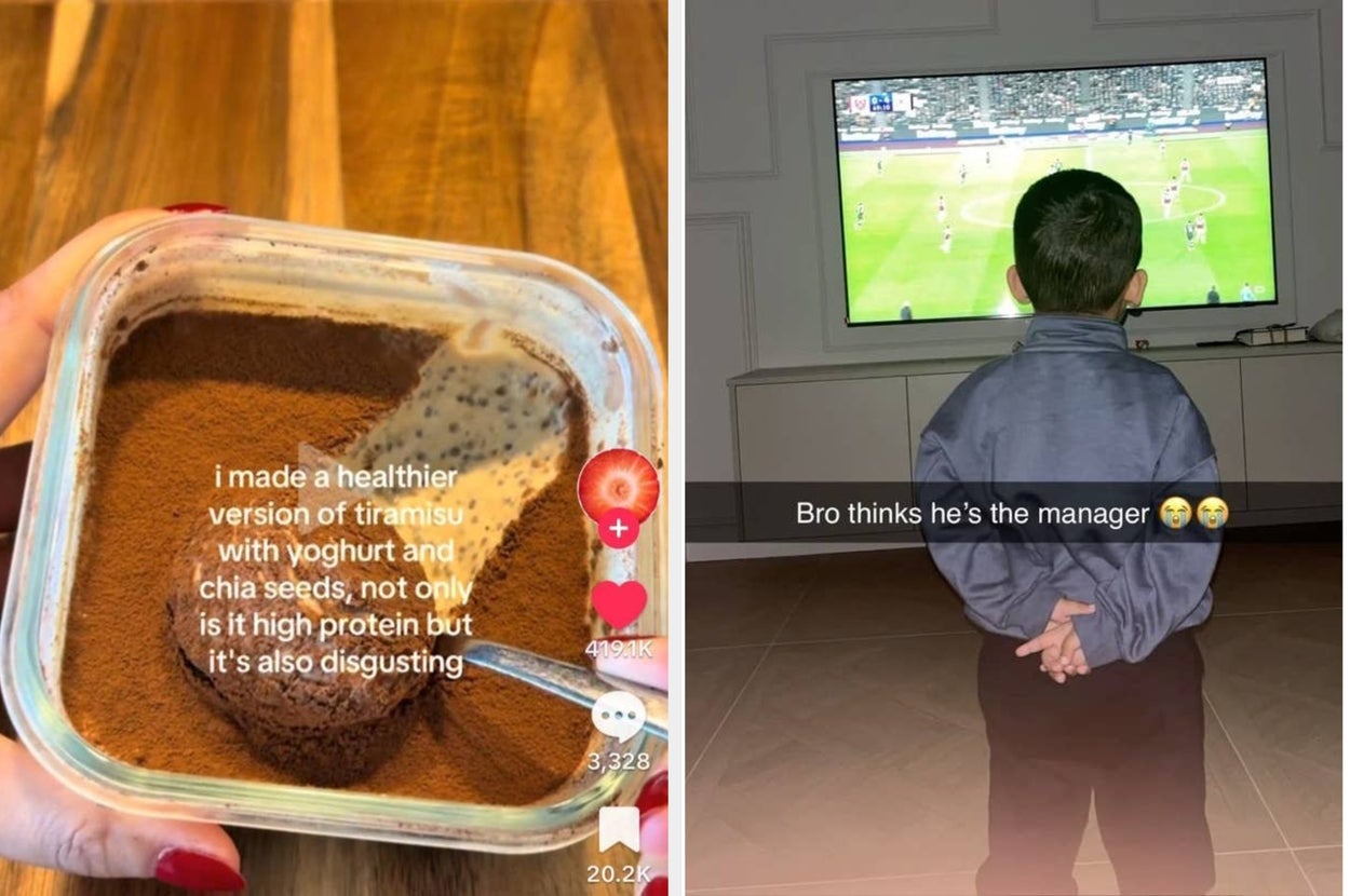 Two side-by-side images: A homemade tiramisu captioned humorously about its taste, and a child standing in front of a TV watching soccer, seen from behind