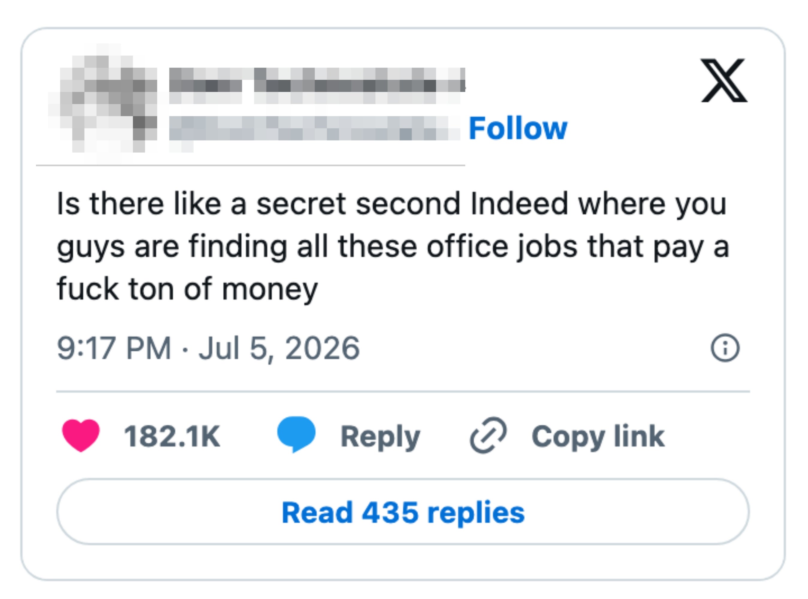 Tweet av Dom Technostate som spør om å finne høytbetalte kontorjobber, med 182,1 000 likes