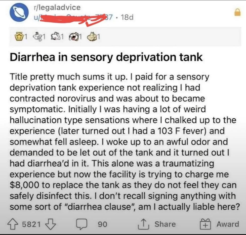 Reddit post about a user experiencing norovirus symptoms in a sensory deprivation tank. They were billed $8,000 for the cleanup and question liability