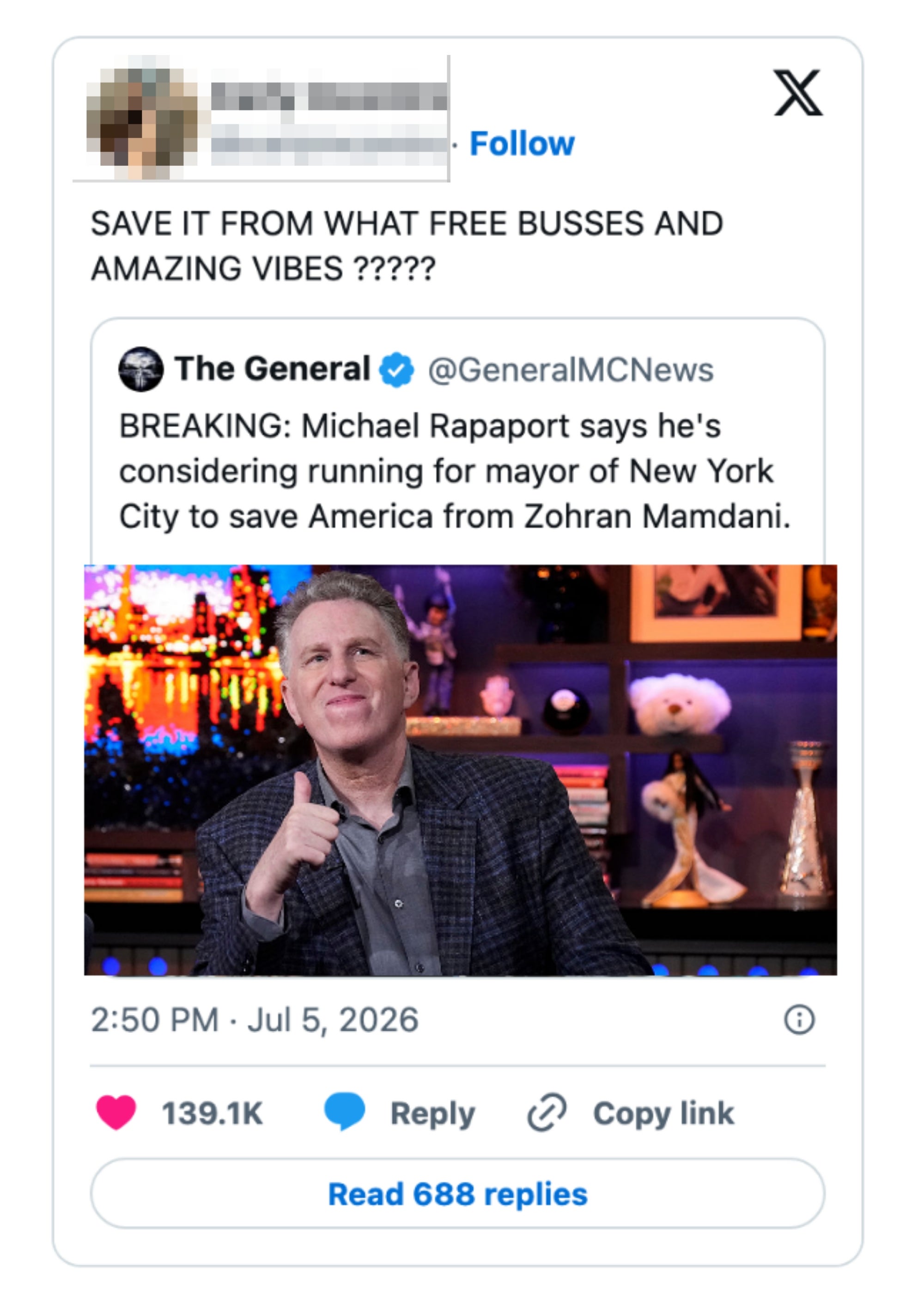 Sosiale medier-innlegg med en tweet om Michael Rapaport som vurderer å stille til ordfører i New York for å redde Amerika fra Zohra Mamdani