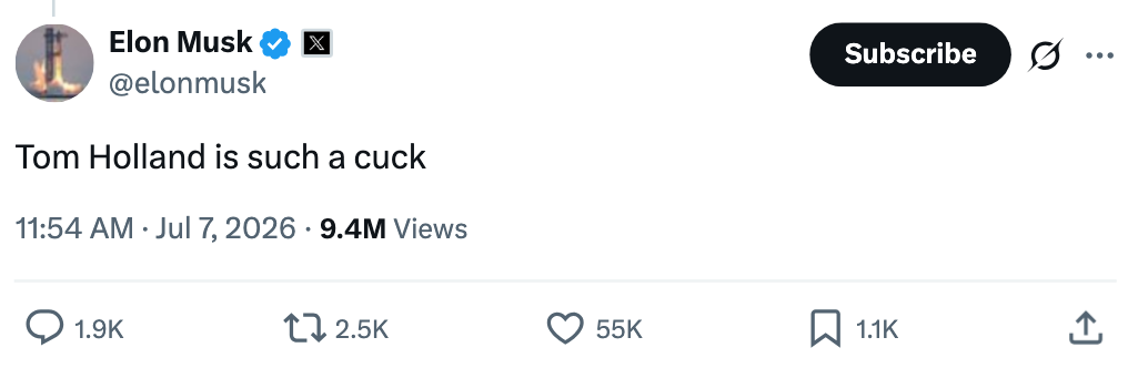 Screenshot of a tweet from Elon Musk jokingly calling Tom Holland a cuck, with engagement stats below