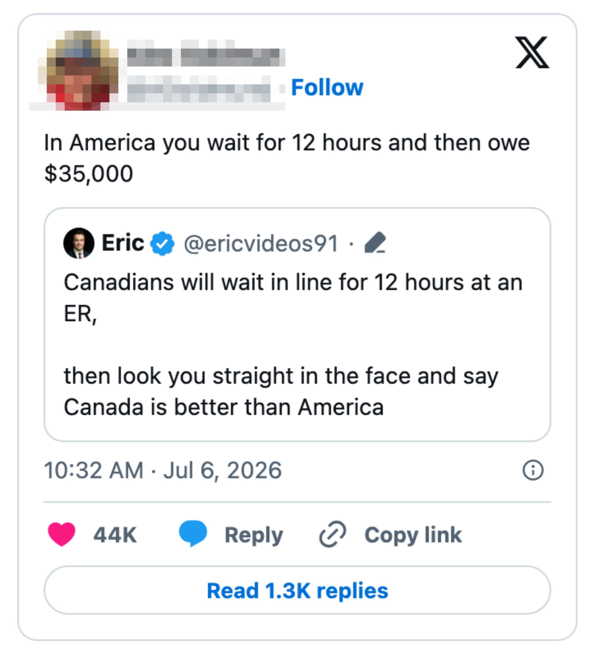Tweet sammenligne helsetjenester i USA og Canada; Amerikanere står overfor lange ventetider og store regninger, mens kanadiere opplever lange ER-venter, men foretrekker systemet deres