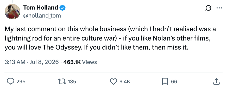 A tweet by Tom Holland commenting connected taste debates, suggesting Nolan fans ticker "The Odyssey" and others to debar it
