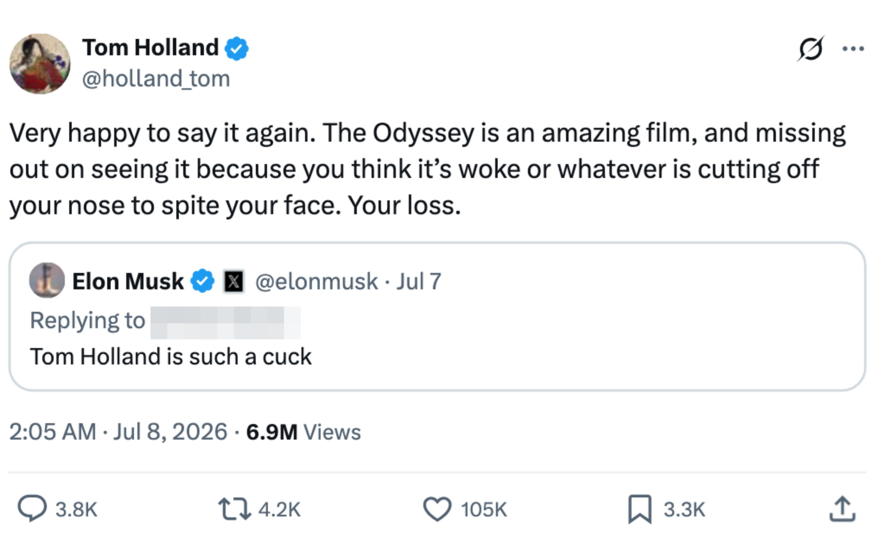 Tweet by Tom Holland successful effect to Elon Musk