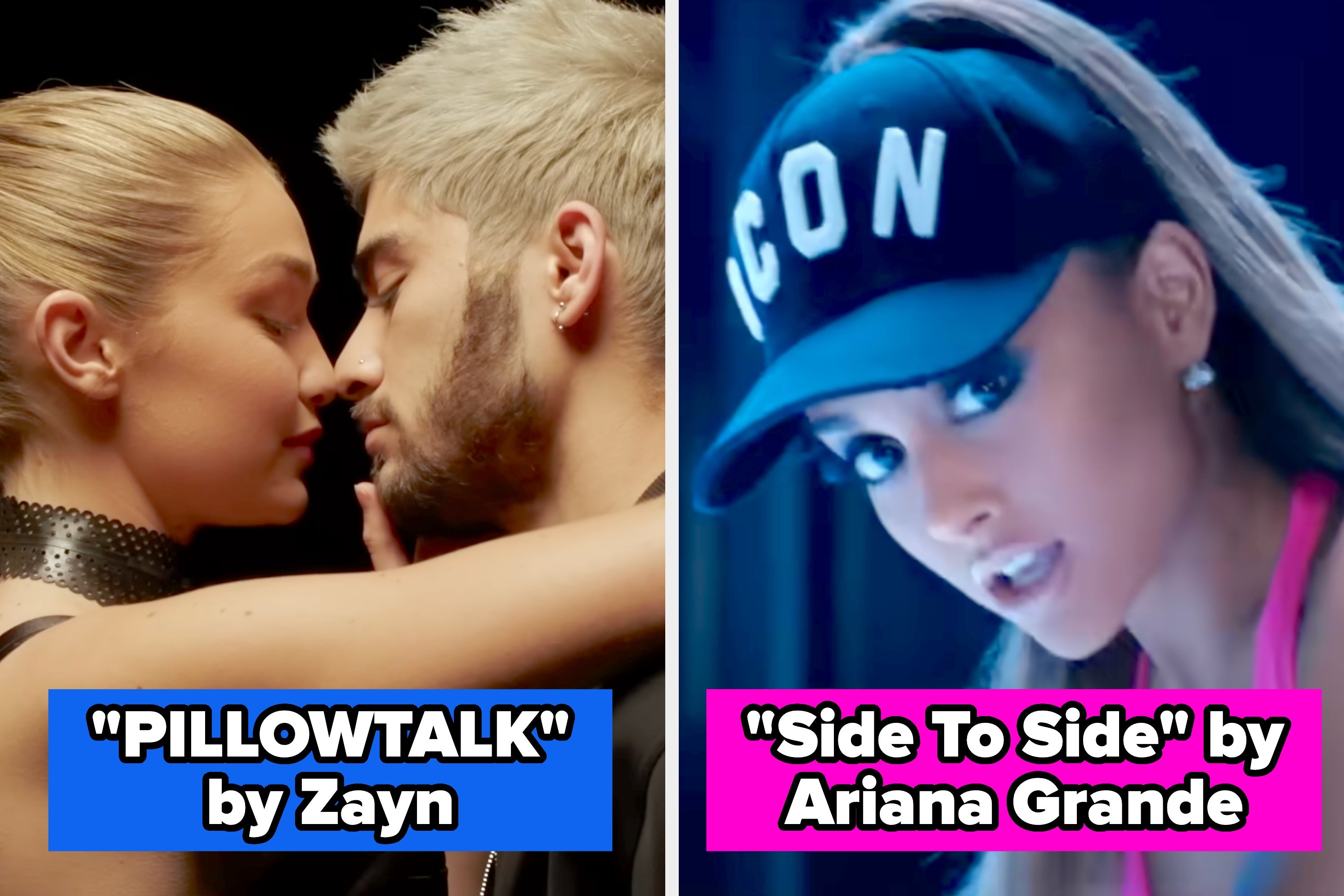 Two music videos: Left shows a close-up of a couple almost kissing; right features a woman in a cap with "ICON" performing or singing