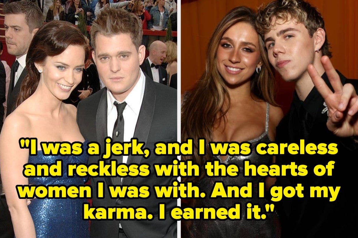 Two side-by-side photos of people posing at events. Text: "I was a jerk...with the hearts of women I was with. And I got my karma. I earned it."