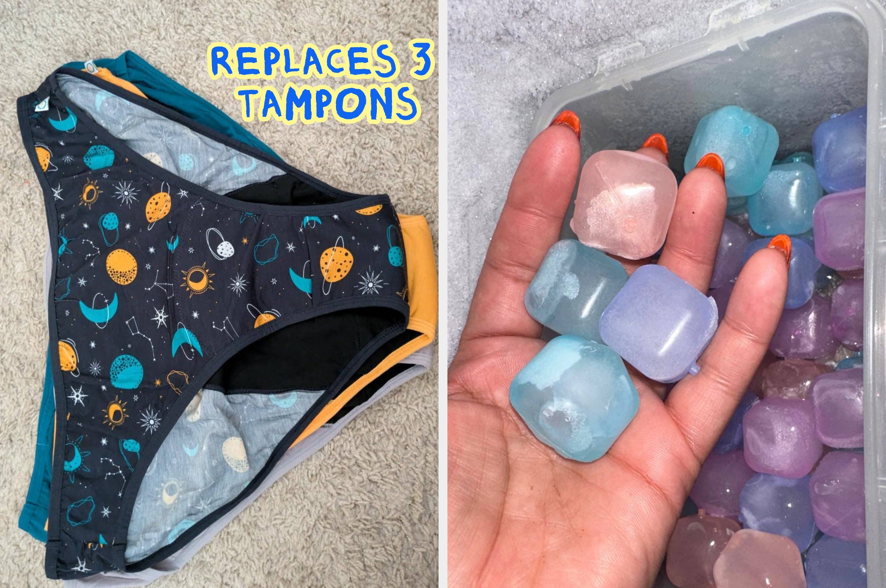 Period underwear with space design, labeled "Replaces 3 Tampons," next to colorful frozen gel cubes held in a hand