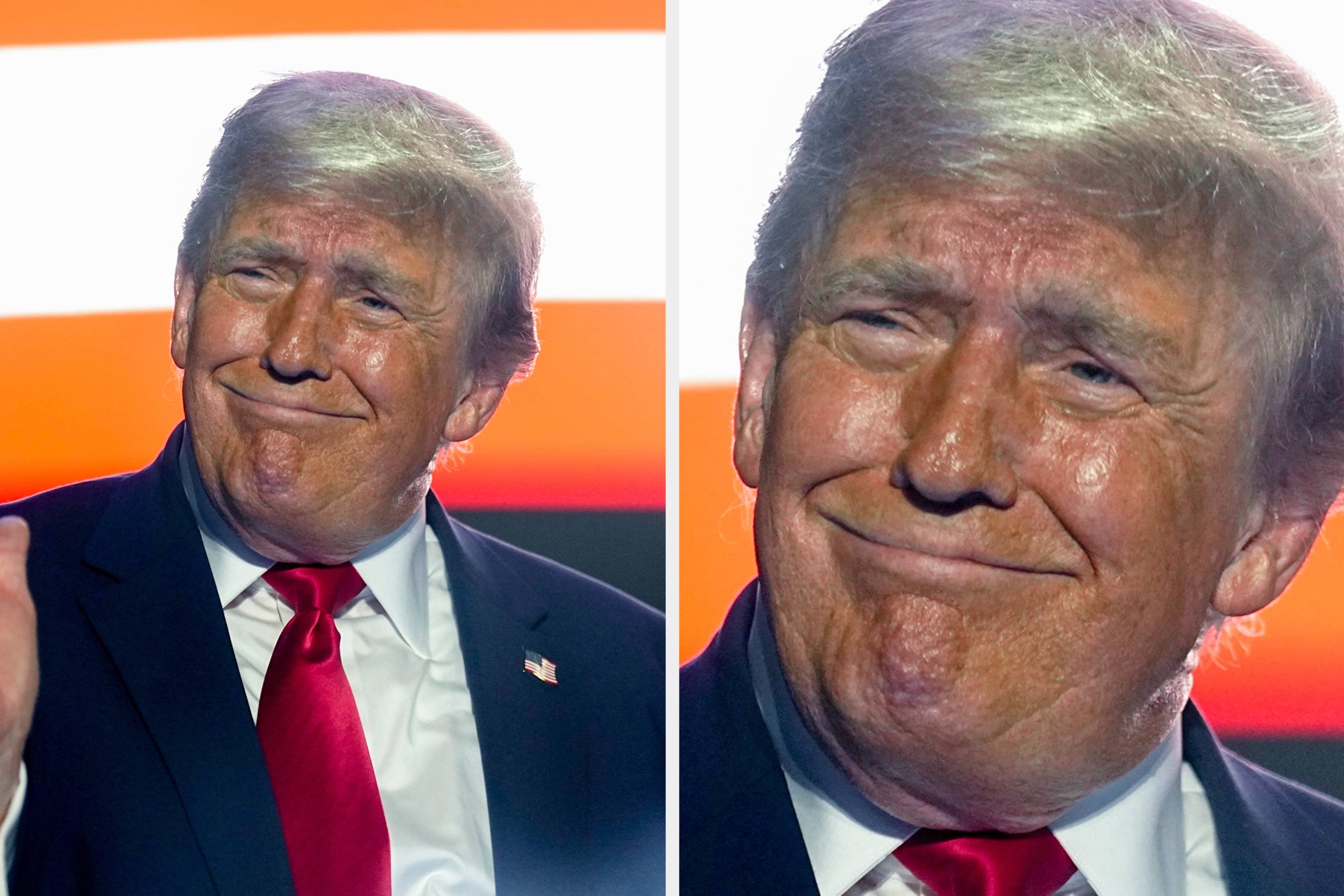 Side-by-side of a soccer player gesturing near his ear and a public figure in a suit smirking