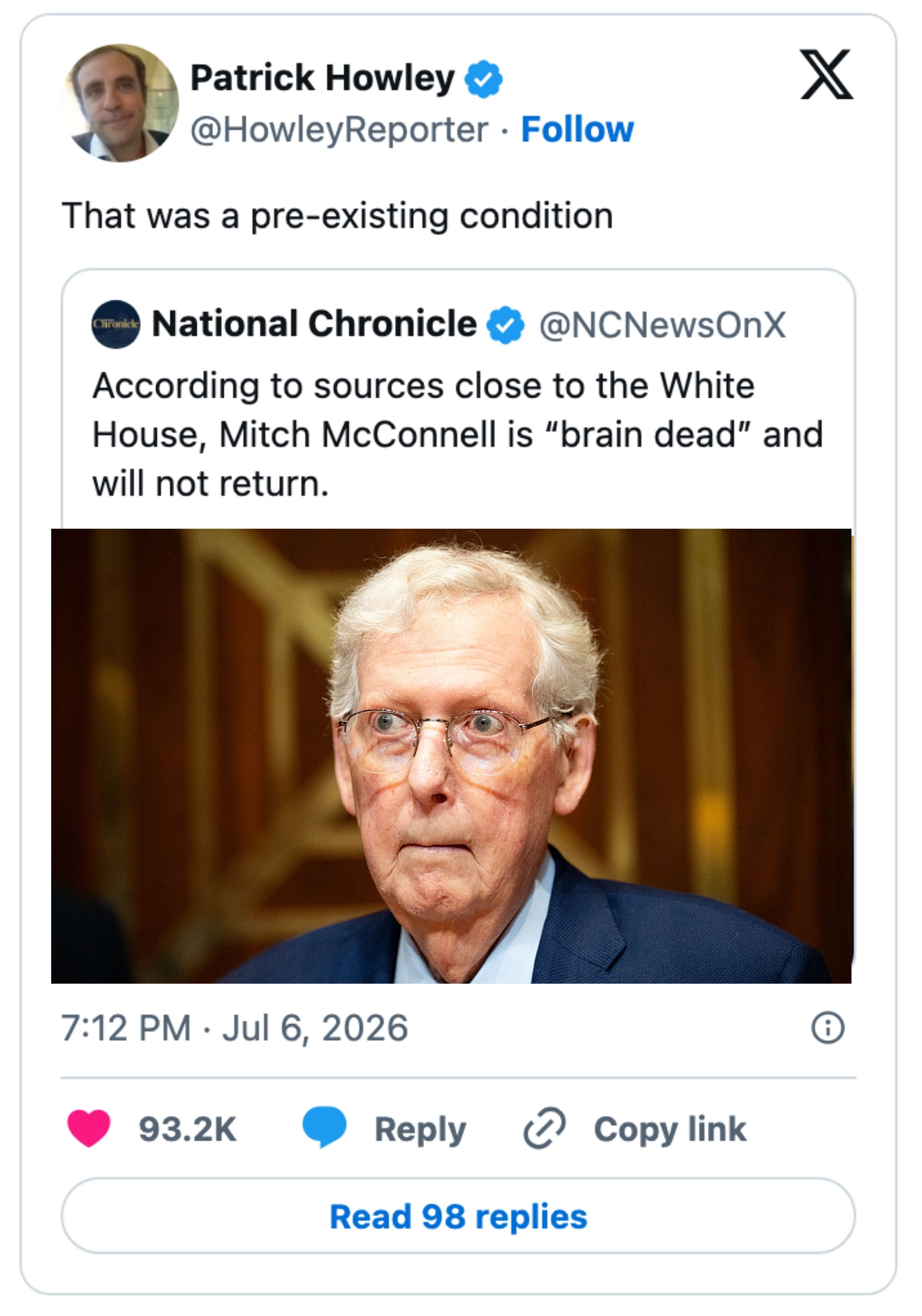 Twitter-innlegg med en overskrift som feilaktig hevder at Mitch McConnell er