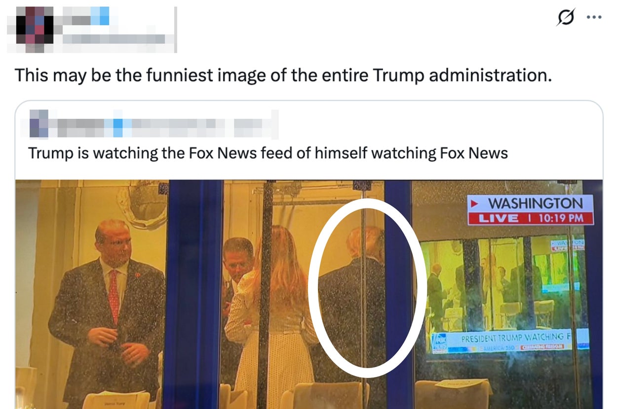 People watching TV through a window showing a news clip of a man watching the same news