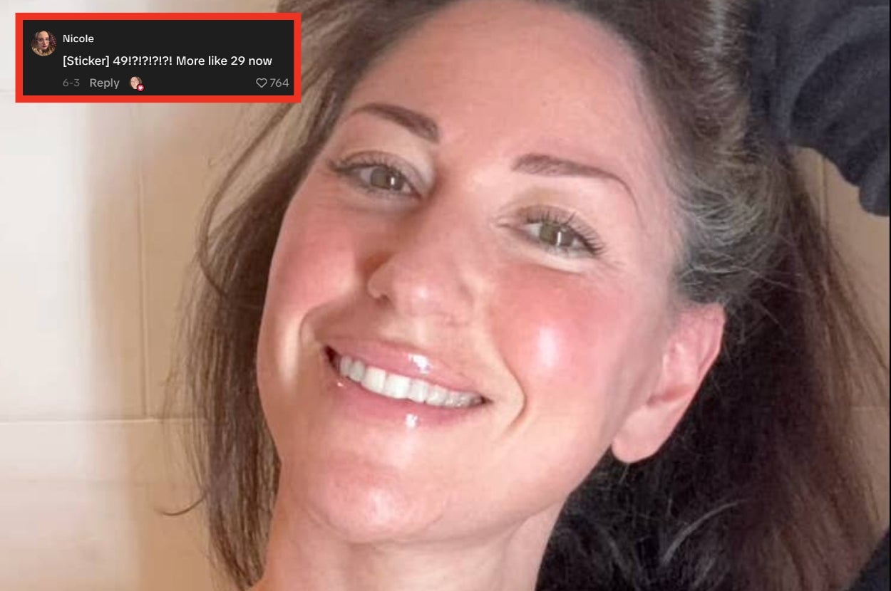 Smiling person posing with a playful comment overlayed: "49?!?!?!? More like 29 now" with 764 likes