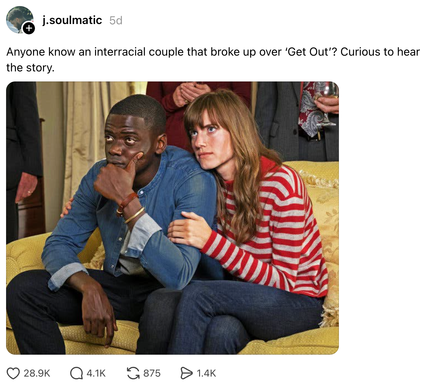 A couple sits on a couch; the man looks thoughtful while the woman, in a striped shirt, leans on him. Social media post about a breakup and the film "Get Out."