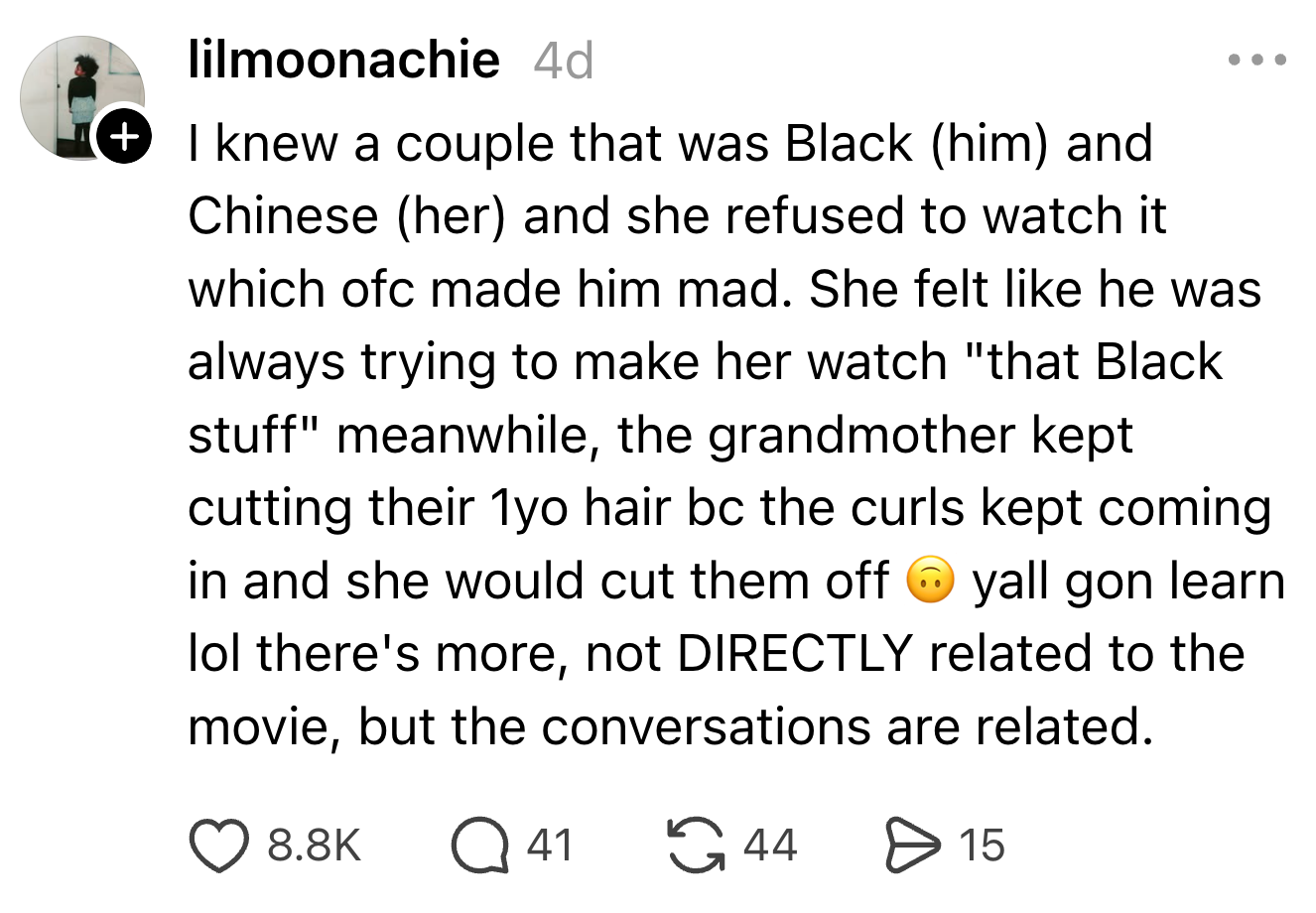 Post discussing cultural differences in a relationship, highlighting themes of race and identity through a film-related conflict