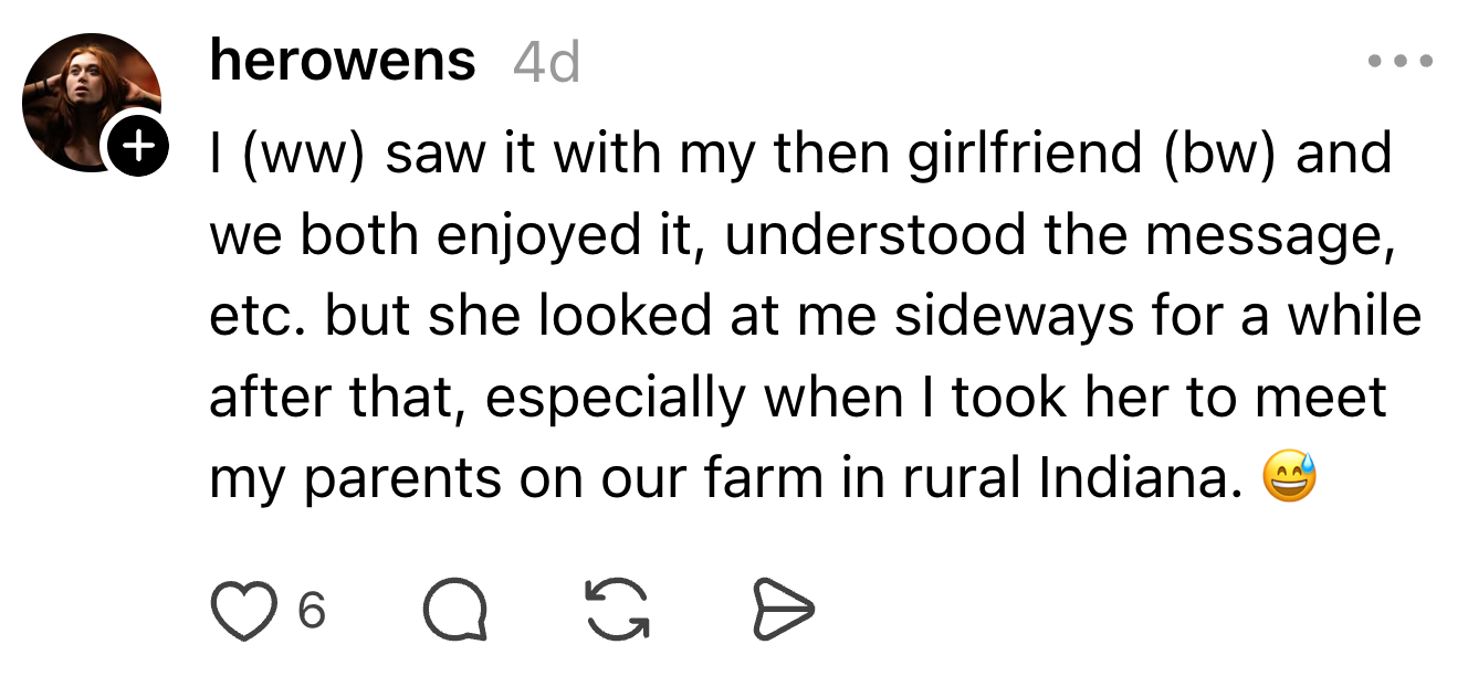 Social media post about watching a film with a then-girlfriend, enjoying it, but experiencing some awkwardness afterward, especially on a family farm
