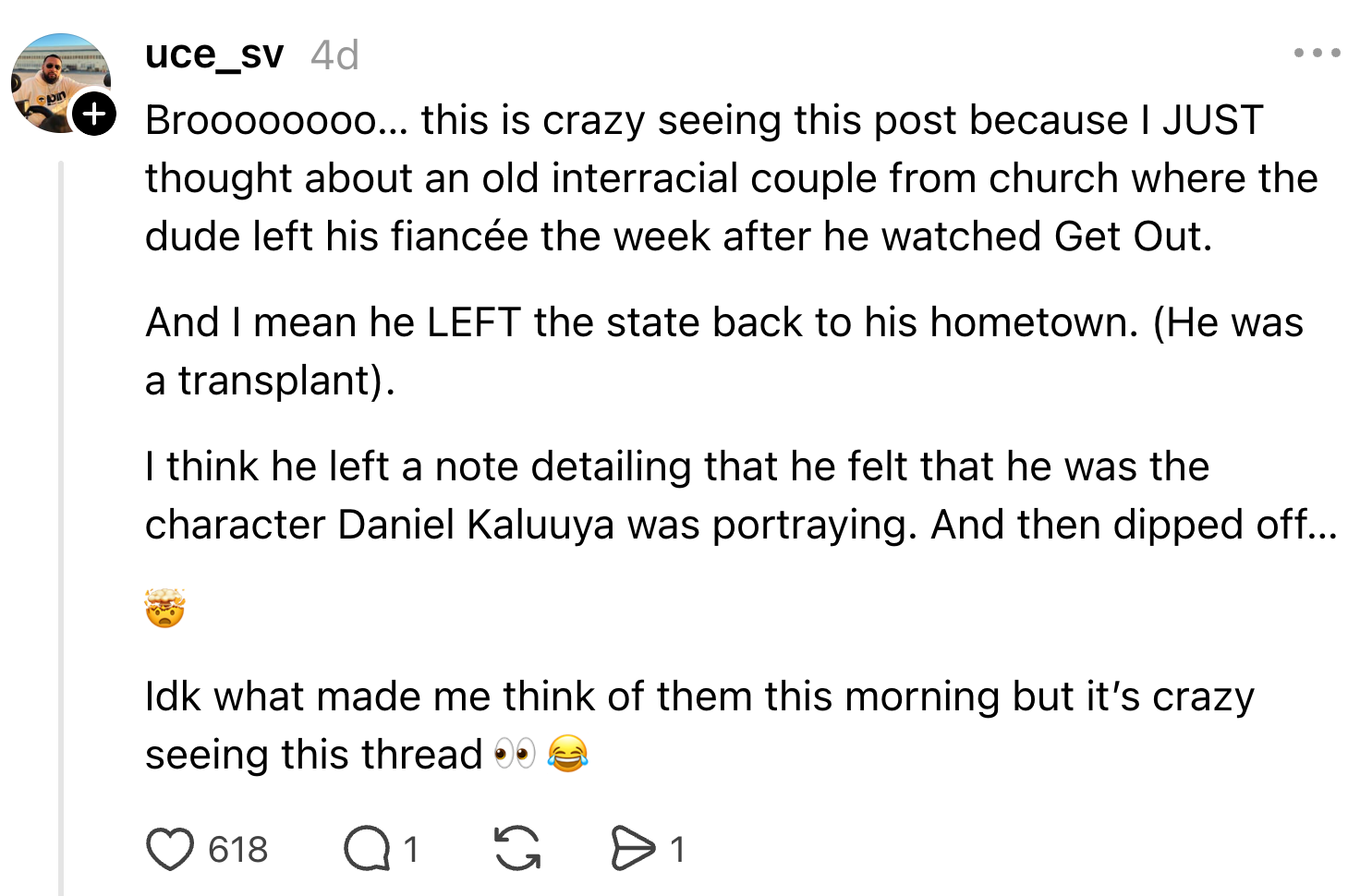 Summary of a post about someone recalling a church couple, where the man left after watching "Get Out," comparing him to Daniel Kaluuya’s character