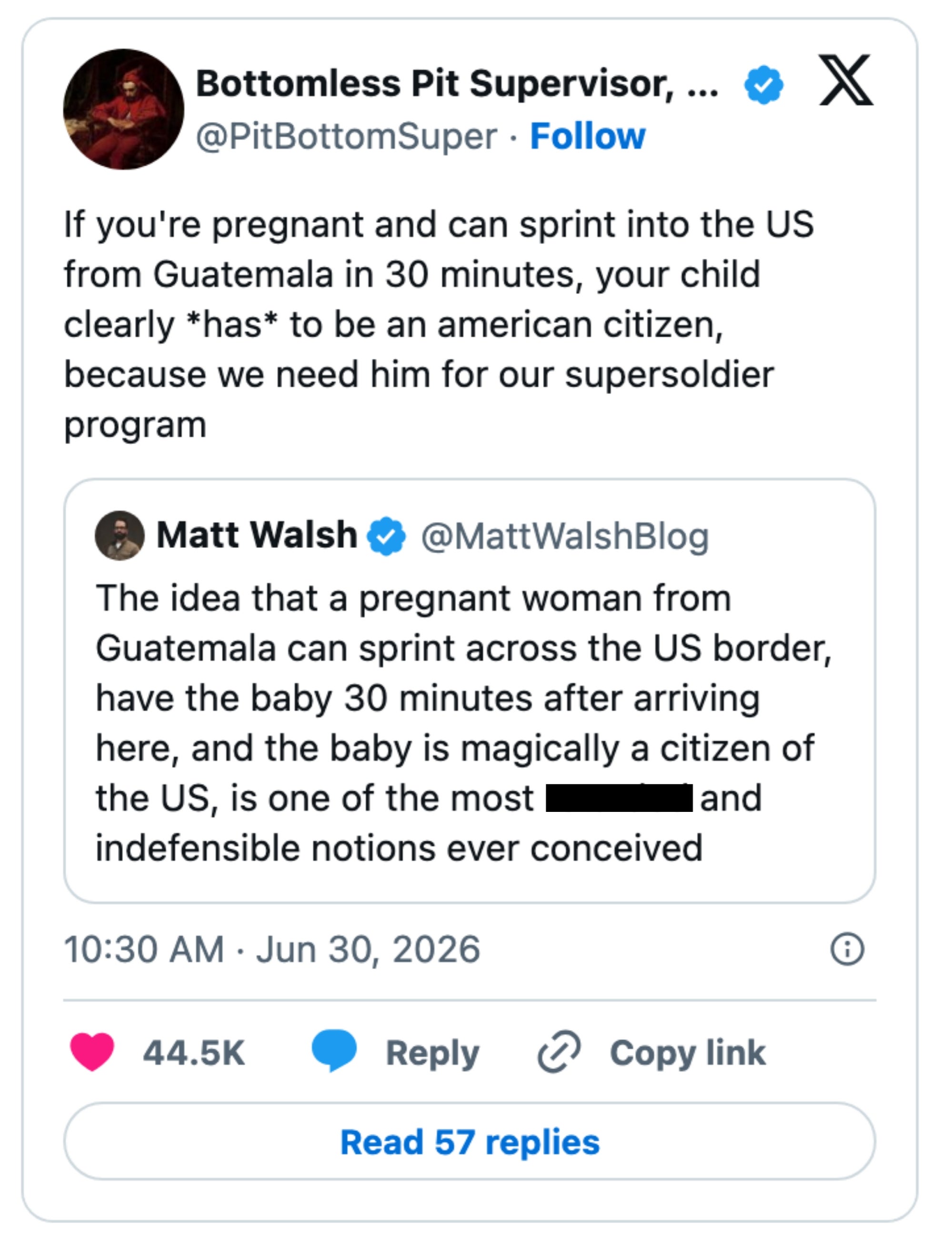 Tweet som håner ideen om at en gravid kvinne som spurter fra Guatemala gjør barnet sitt til amerikansk statsborger, og refererer til en