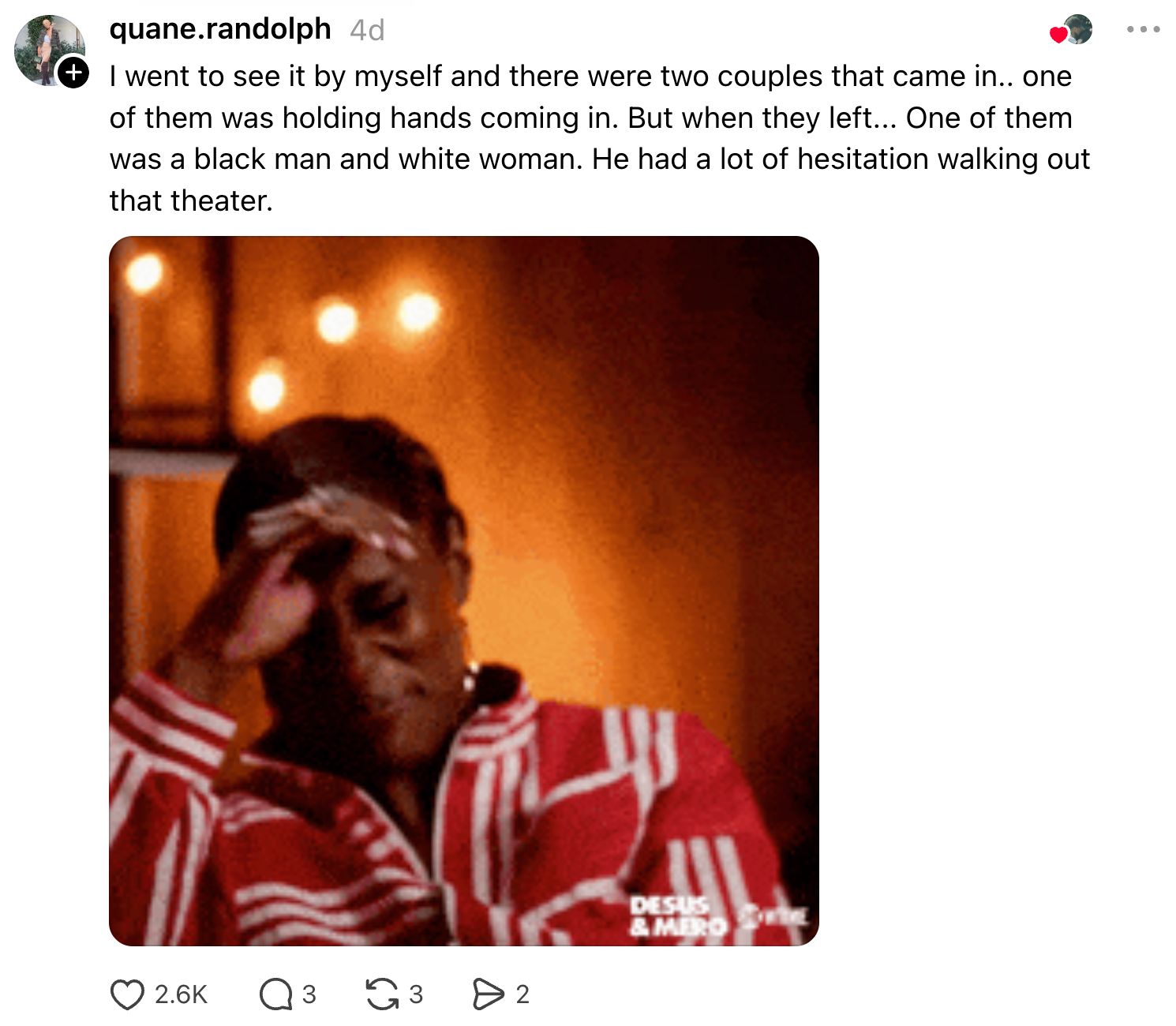 GIF of a person in a striped outfit with their hand on their head, looking contemplative. Text describes an interracial couple leaving a theater, one looking hesitant