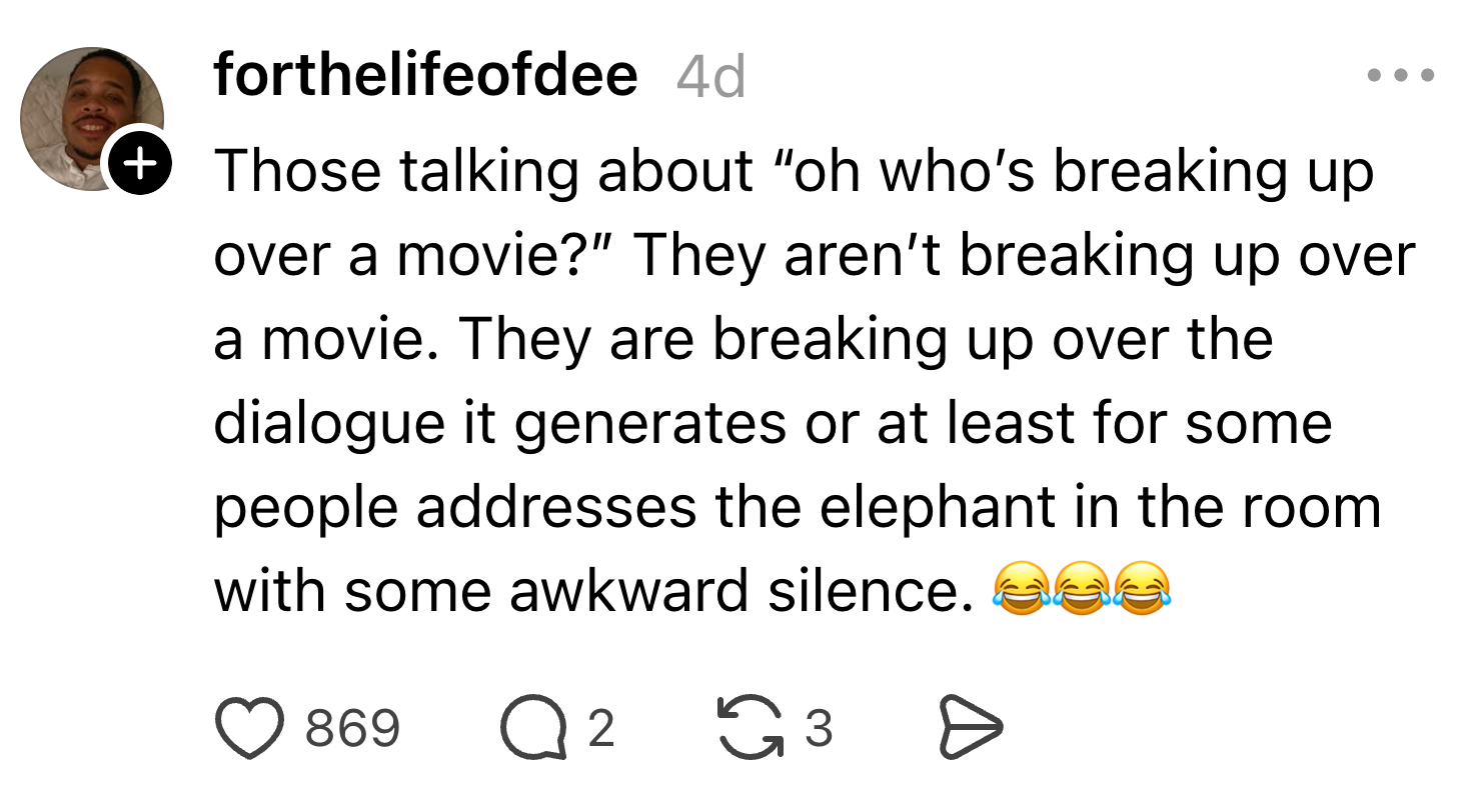 Social media post about couples arguing over movie discussions, not the movie itself