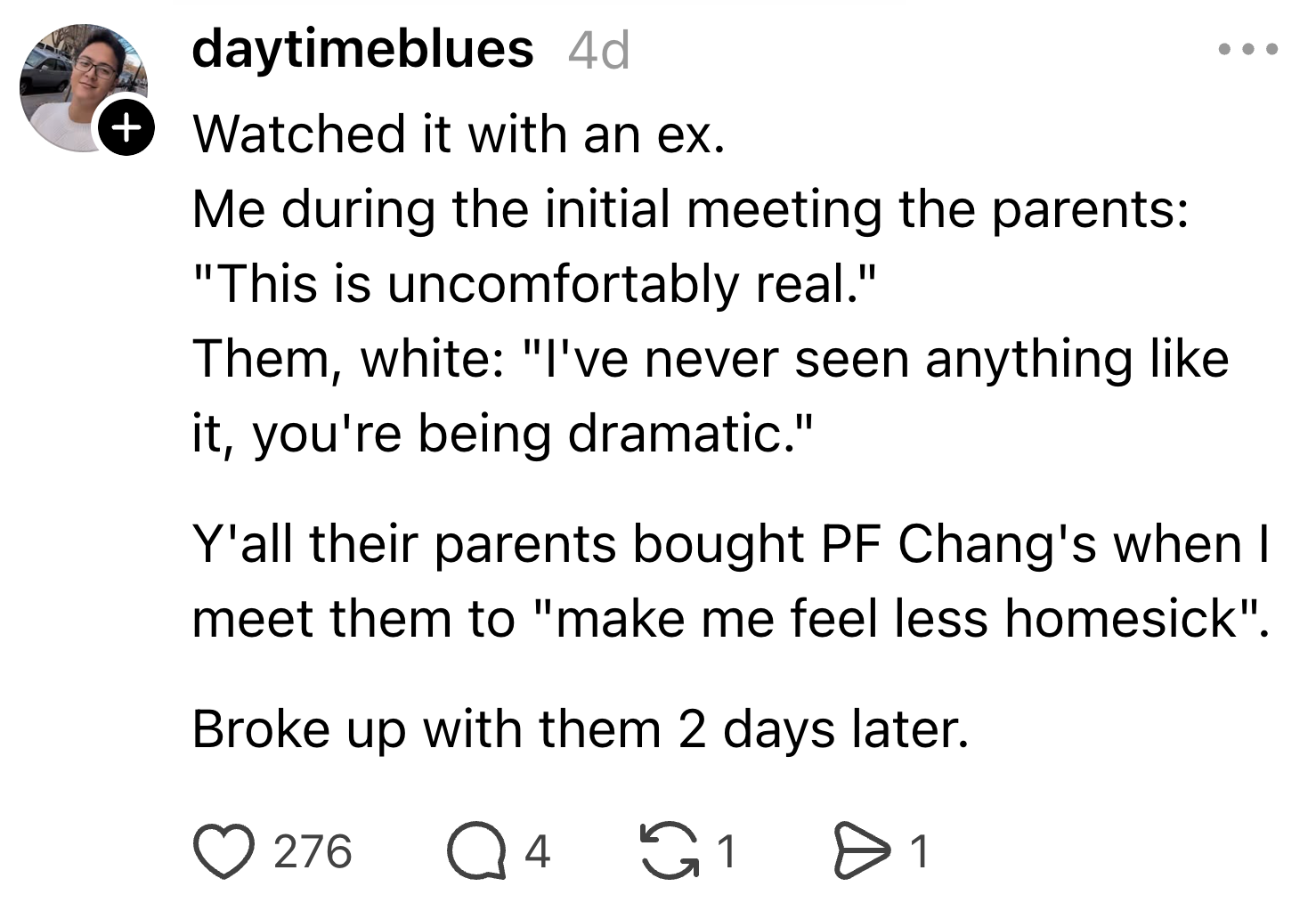 A social media post recounts an awkward meeting with an ex's parents, ending in a breakup two days later