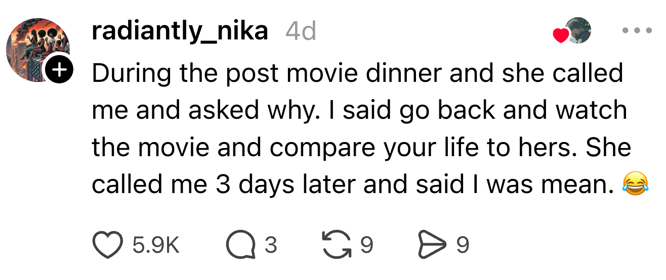 A social media post humorously recounting a conversation about a movie and a life comparison. Laughter emoji included