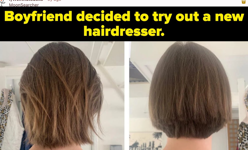 Split image showing two back views of a haircut. Left: uneven cut. Right: even bob cut. Caption mentions boyfriend trying a new hairdresser