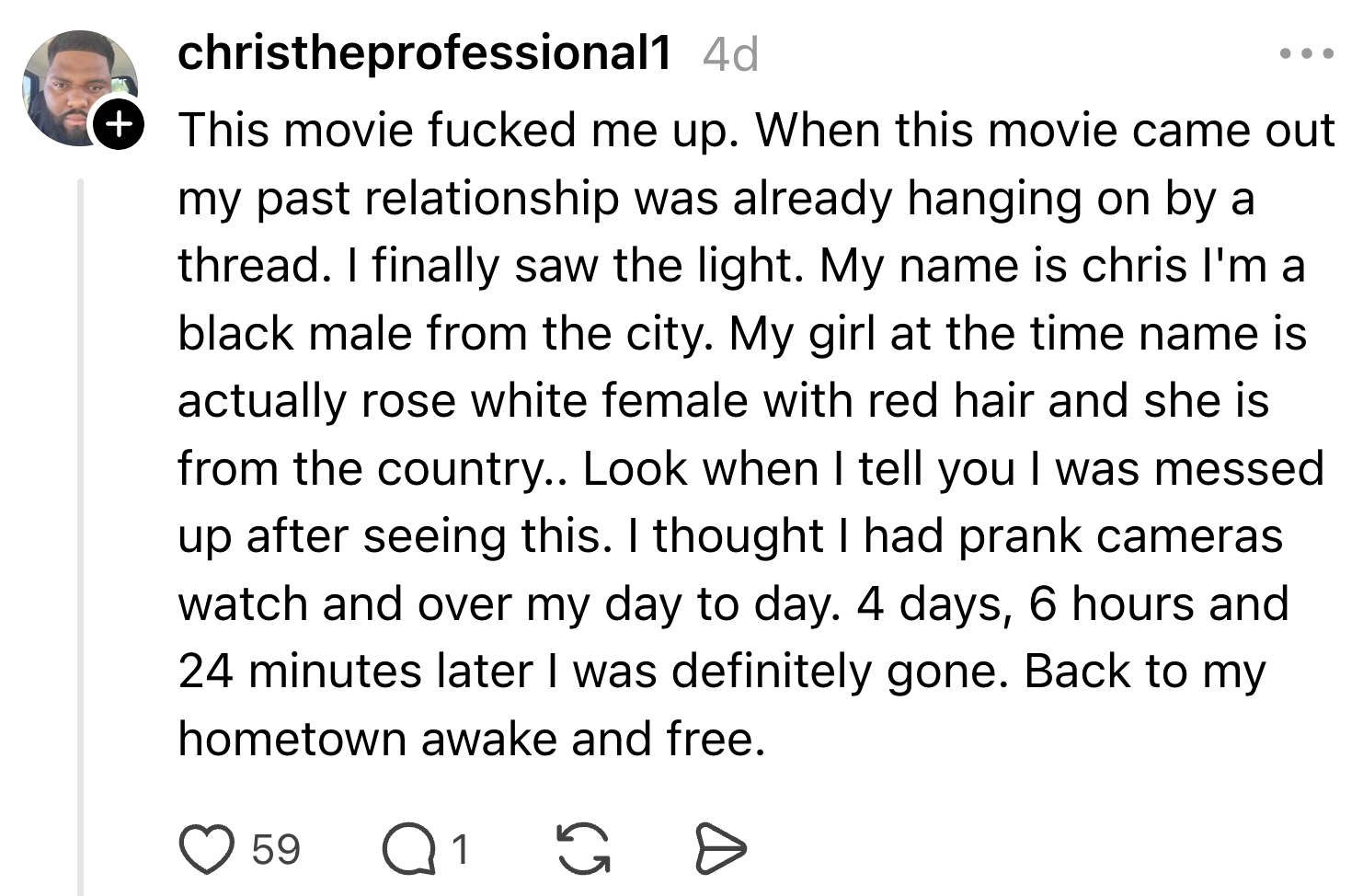 Summary: The post discusses the impact of a movie on the user, Chris, who reflects on past relationship struggles and a significant change in perspective