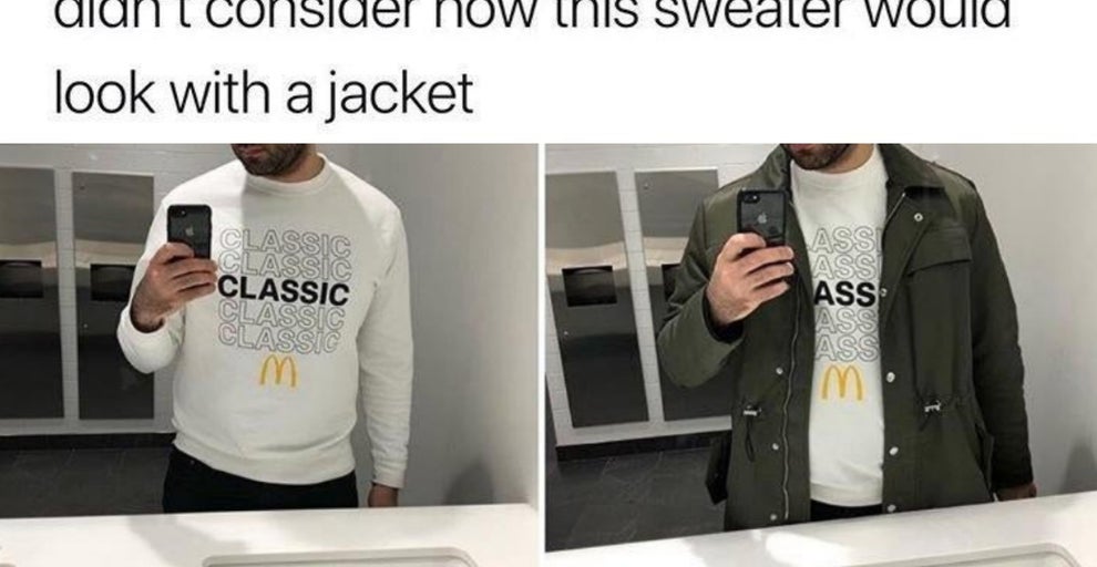 Two side-by-side selfies, featuring a person wearing a "CLASSIC" sweater. Left: no jacket; right: green jacket over the sweater