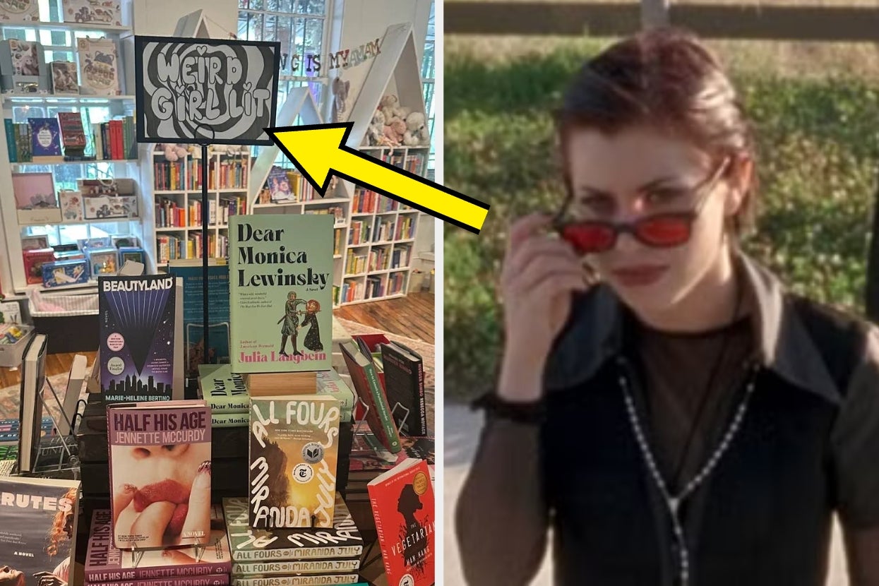 Bookstore display labeled "Weird Girl Lit" with various book titles