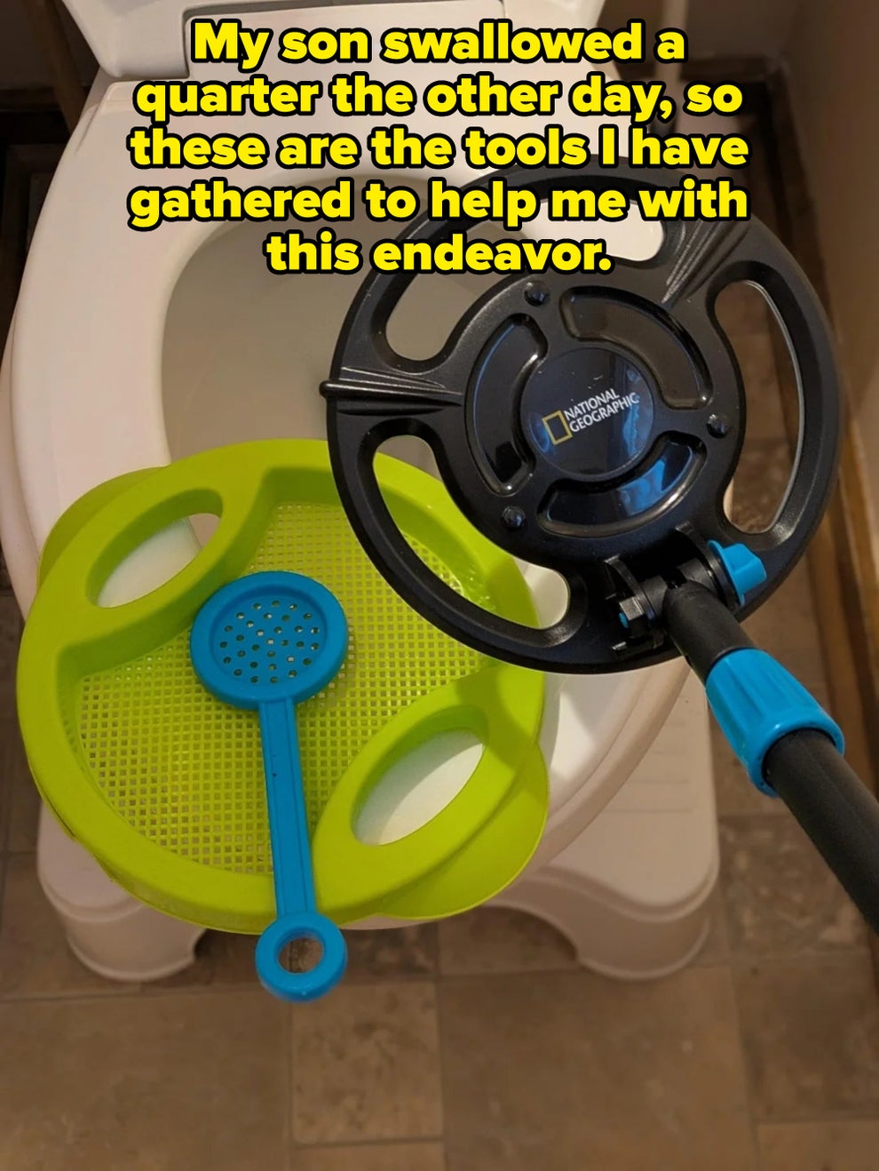 Unusual toilet setup with a metal detector and plastic strainer on the seat, suggesting an unexpected or humorous situation
