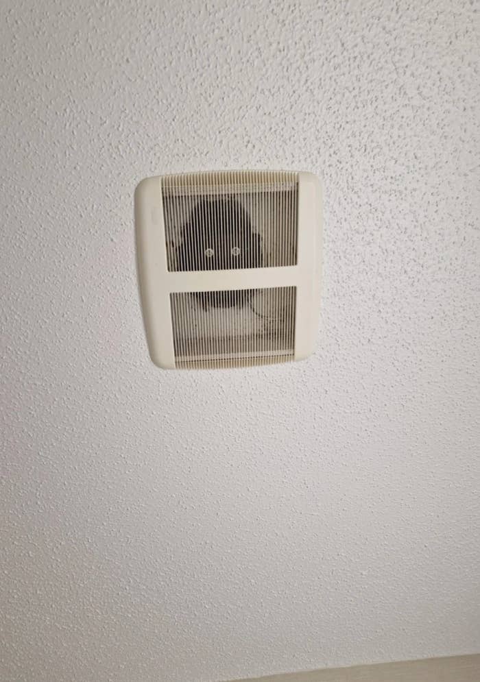 Ceiling vent with a disposable   shadiness   inside, perchance  creating an illusion of a face